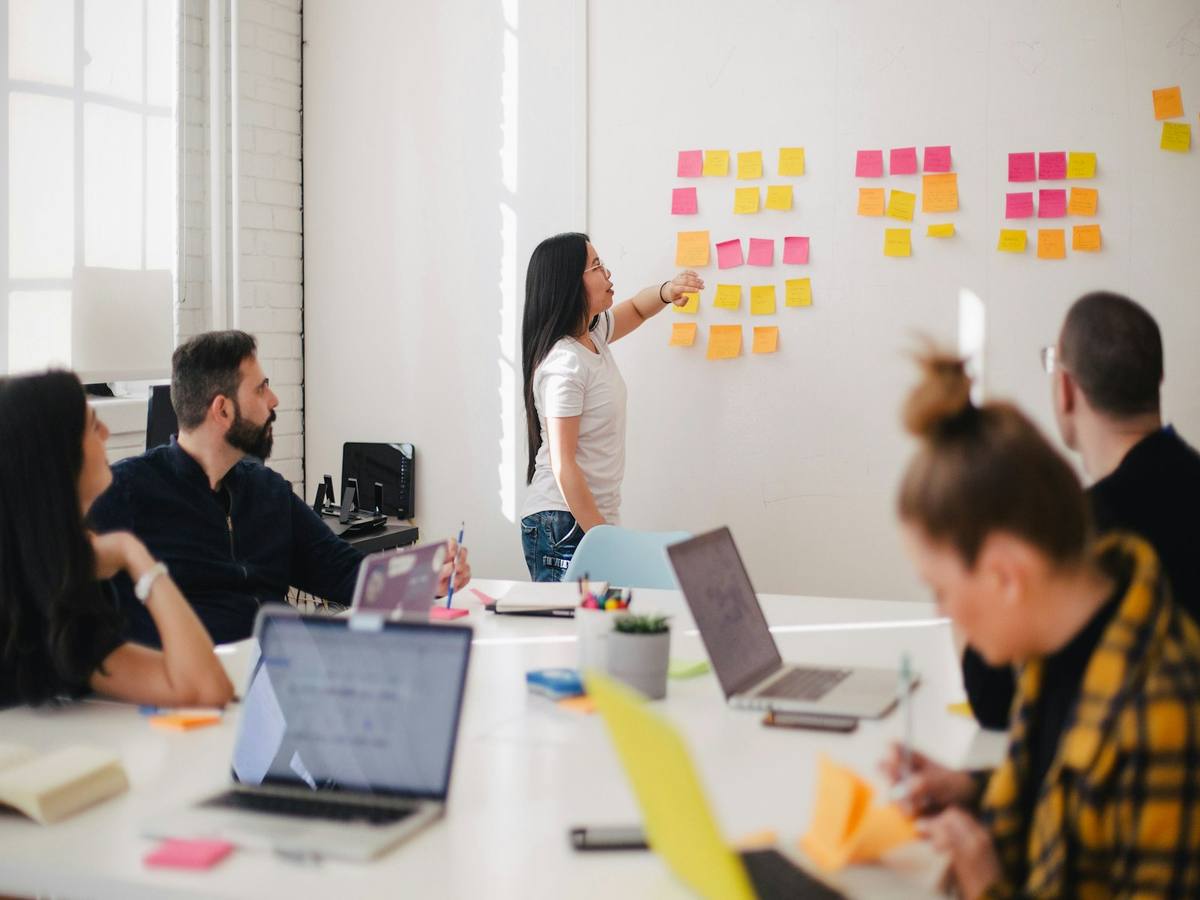 A team planning an early product at a wall of sticky notes
